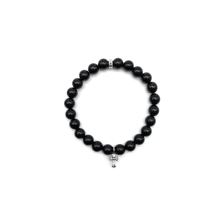 Chrome Hearts 6mm Black Beaded Obsidian Silver Cross Bracelet - SHENGLI ROAD MARKET