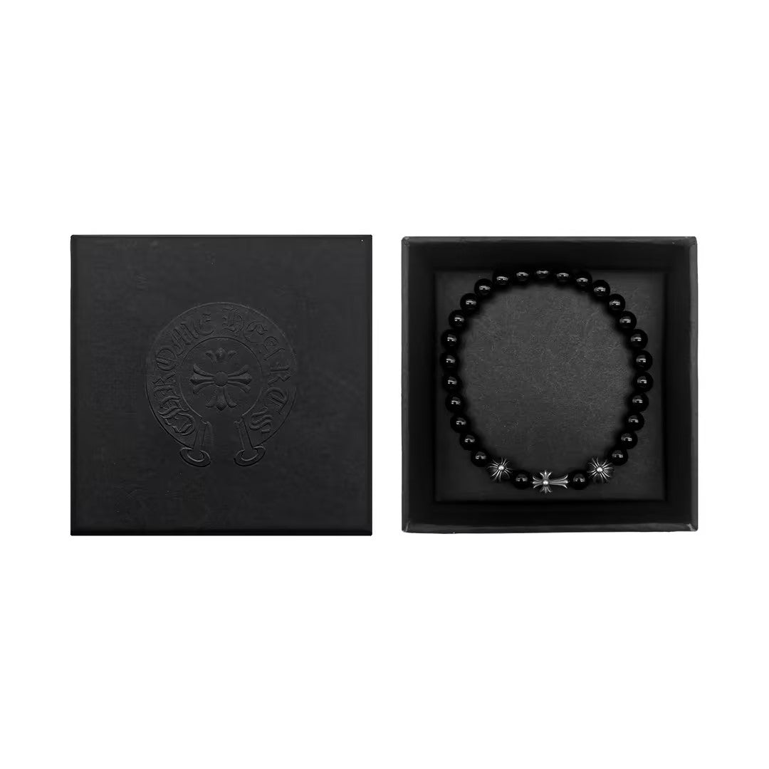 Chrome Hearts 6mm Black Obsidian 3 Silver Cross Bracelet - SHENGLI ROAD MARKET