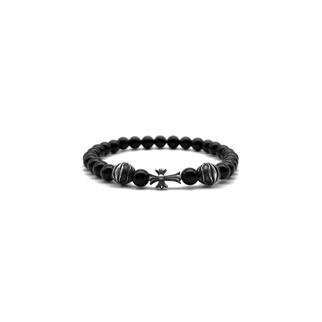 Chrome Hearts 6mm Black Obsidian 3 Silver Cross Bracelet - SHENGLI ROAD MARKET