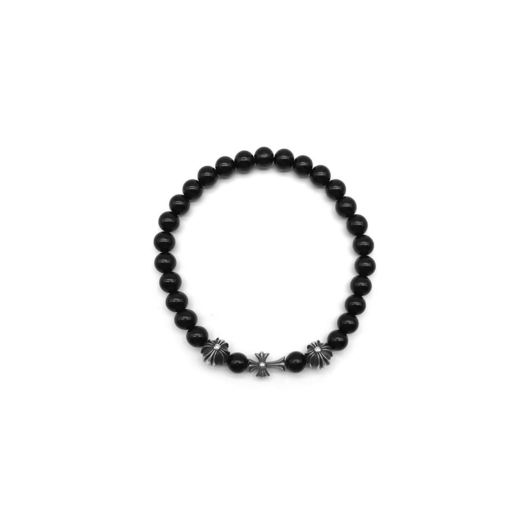 Chrome Hearts 6mm Black Obsidian 3 Silver Cross Bracelet - SHENGLI ROAD MARKET