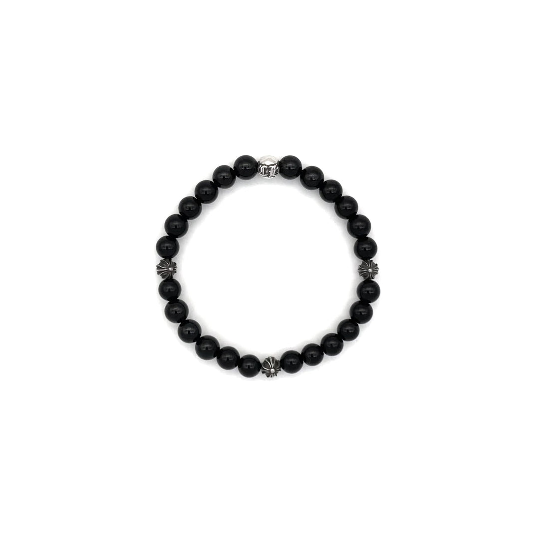 Chrome Hearts 6MM Black Obsidian 4 Silver Cross Bead Bracelet - SHENGLI ROAD MARKET