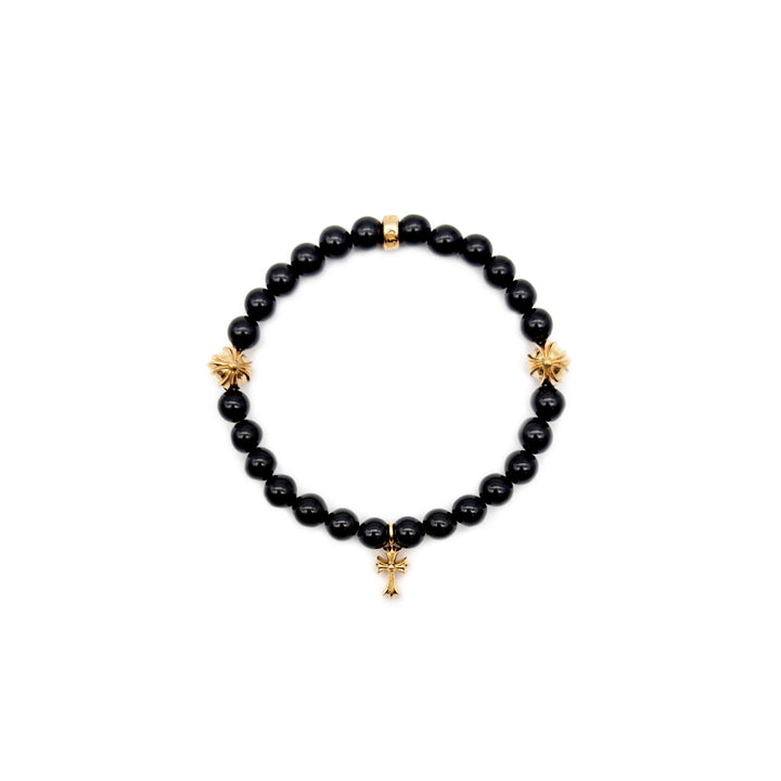 Chrome Hearts 6mm Obsidian 22K Gold Cross Beaded Bracelet - SHENGLI ROAD MARKET
