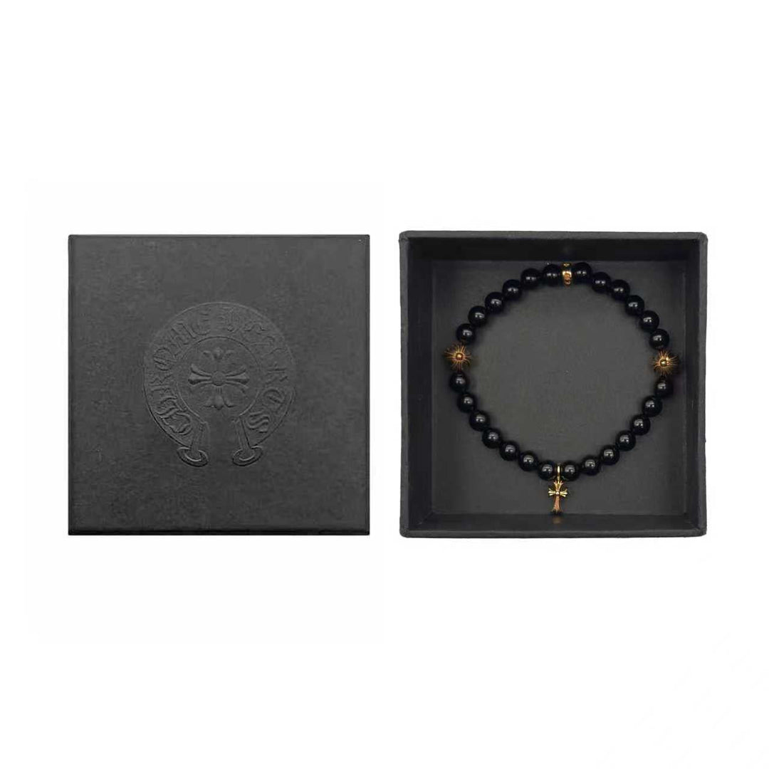 Chrome Hearts 6mm Obsidian 22K Gold Cross Beaded Bracelet - SHENGLI ROAD MARKET