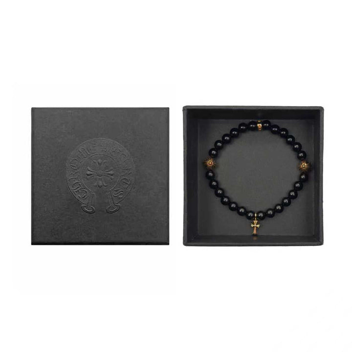 Chrome Hearts 6mm Obsidian 22K Gold Cross Beaded Bracelet - SHENGLI ROAD MARKET
