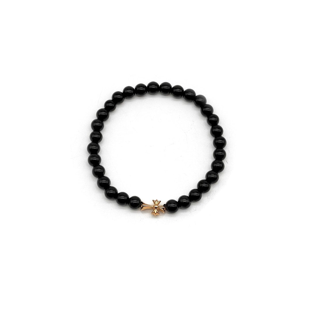 Chrome Hearts 6mm Obsidian 22K Gold Cross Beaded Bracelet - SHENGLI ROAD MARKET