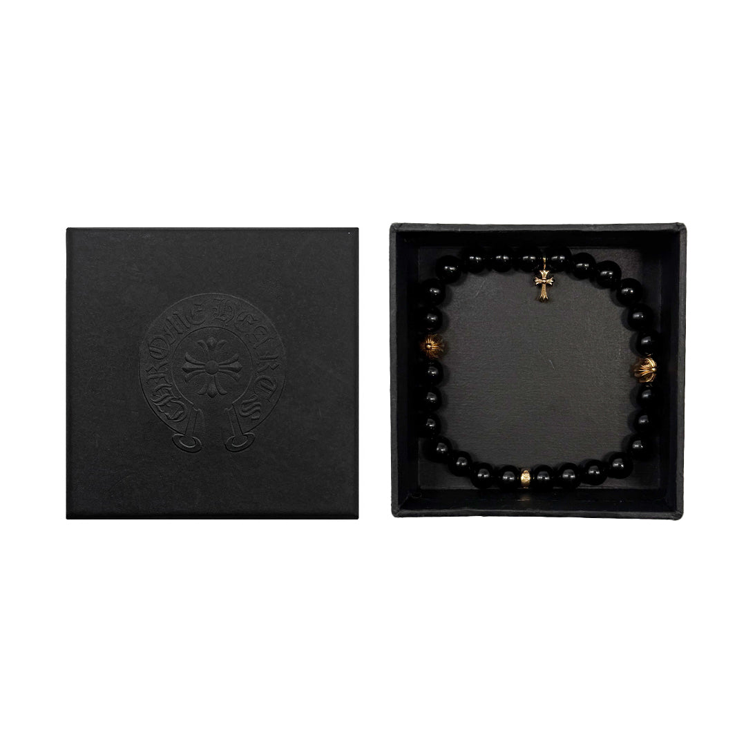 Chrome Hearts 6mm Obsidian 22K Gold Cross Beaded Bracelet - SHENGLI ROAD MARKET