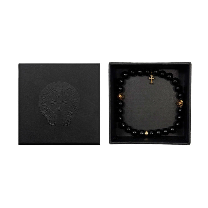 Chrome Hearts 6mm Obsidian 22K Gold Cross Beaded Bracelet - SHENGLI ROAD MARKET