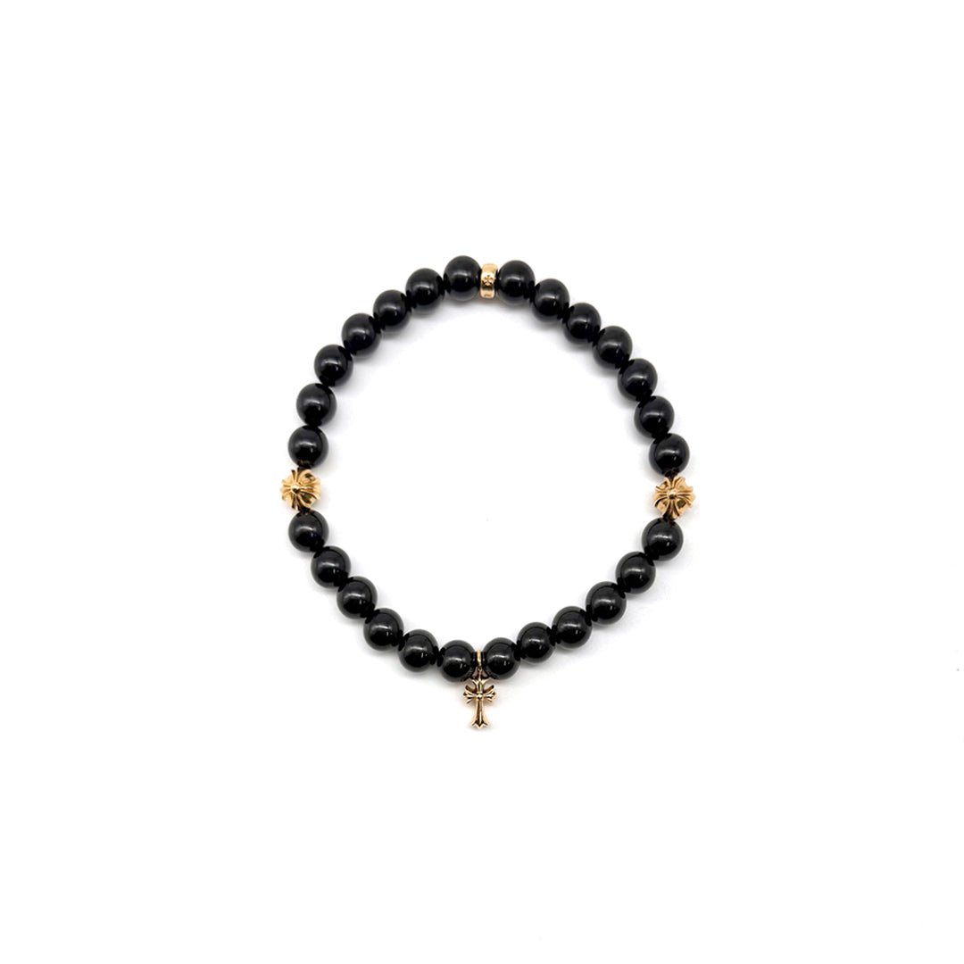 Chrome Hearts 6mm Obsidian 22K Gold Cross Beaded Bracelet - SHENGLI ROAD MARKET