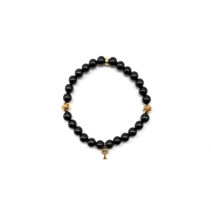 Chrome Hearts 6mm Obsidian 22K Gold Cross Beaded Bracelet - SHENGLI ROAD MARKET