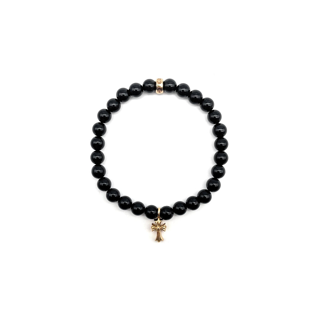 Chrome Hearts 6mm Obsidian 22K Gold Cross Charm Beaded Bracelet - SHENGLI ROAD MARKET