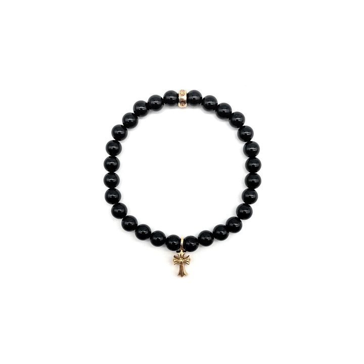 Chrome Hearts 6mm Obsidian 22K Gold Cross Charm Pendant Beaded Bracelet - SHENGLI ROAD MARKET