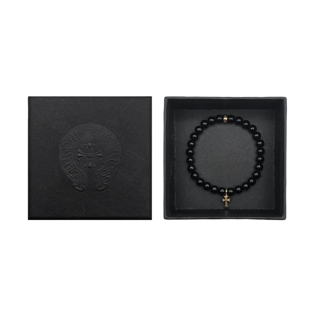 Chrome Hearts 6mm Obsidian 22K Gold Cross Charm Pendant Beaded Bracelet - SHENGLI ROAD MARKET