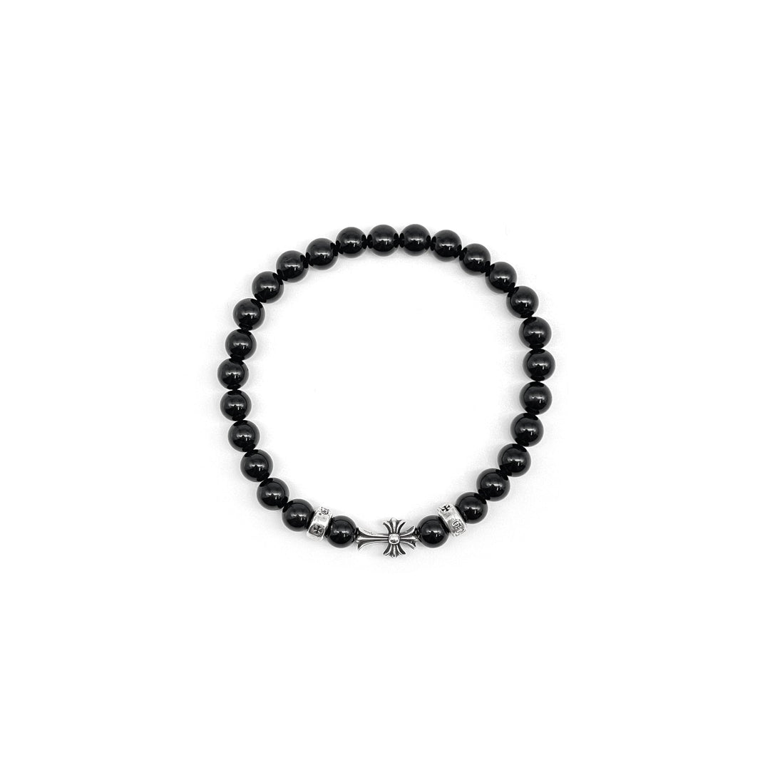 Chrome Hearts 6mm Obsidian 3 Silver Cross Bracelet - SHENGLI ROAD MARKET