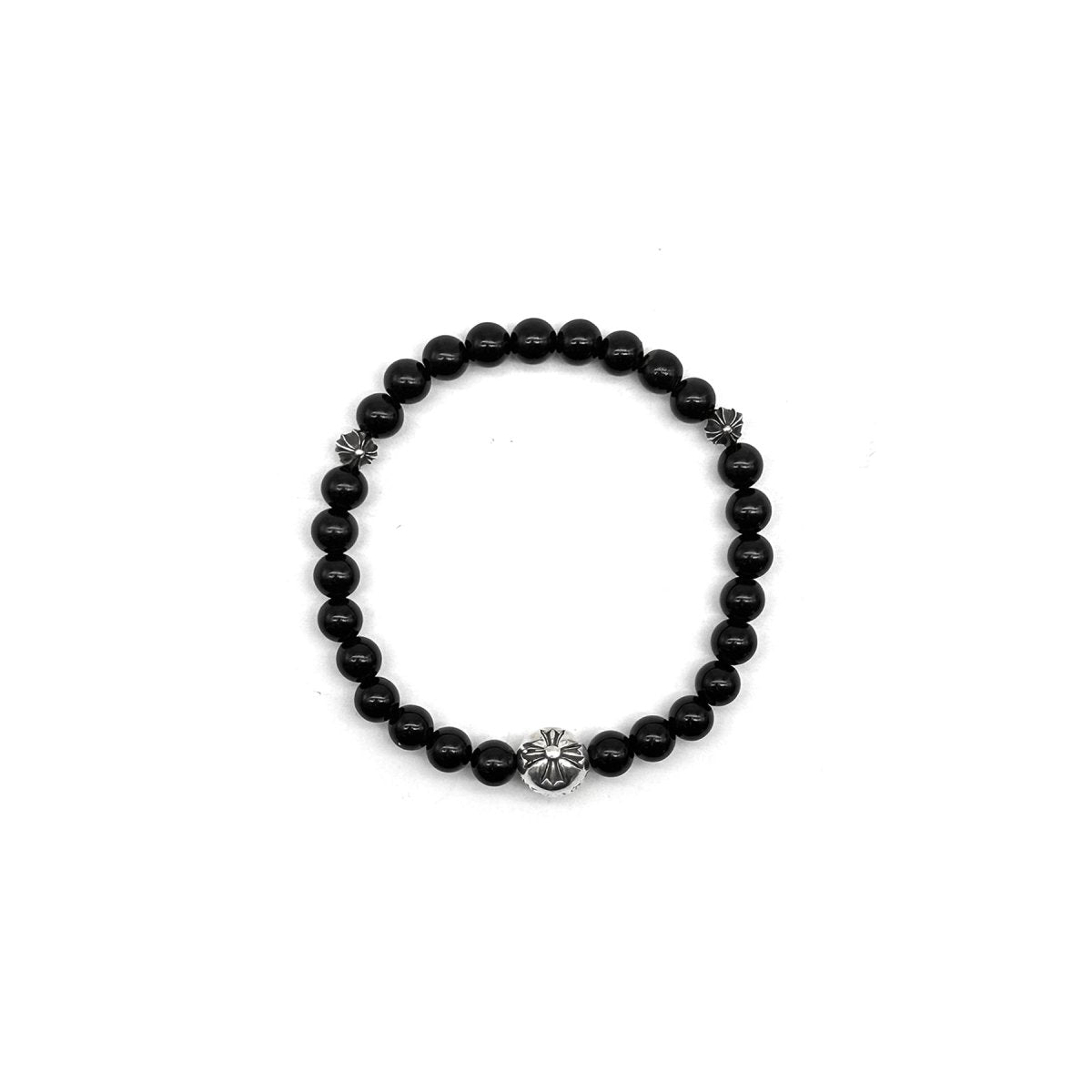 Chrome Hearts 6mm Obsidian 3 Silver Cross Bracelet - SHENGLI ROAD MARKET