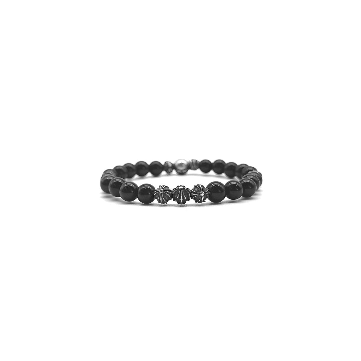 Chrome Hearts 6mm Obsidian Eight Silver Beads Cross Bracelet - SHENGLI ROAD MARKET