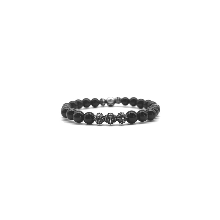 Chrome Hearts 6mm Obsidian Eight Silver Beads Cross Bracelet - SHENGLI ROAD MARKET