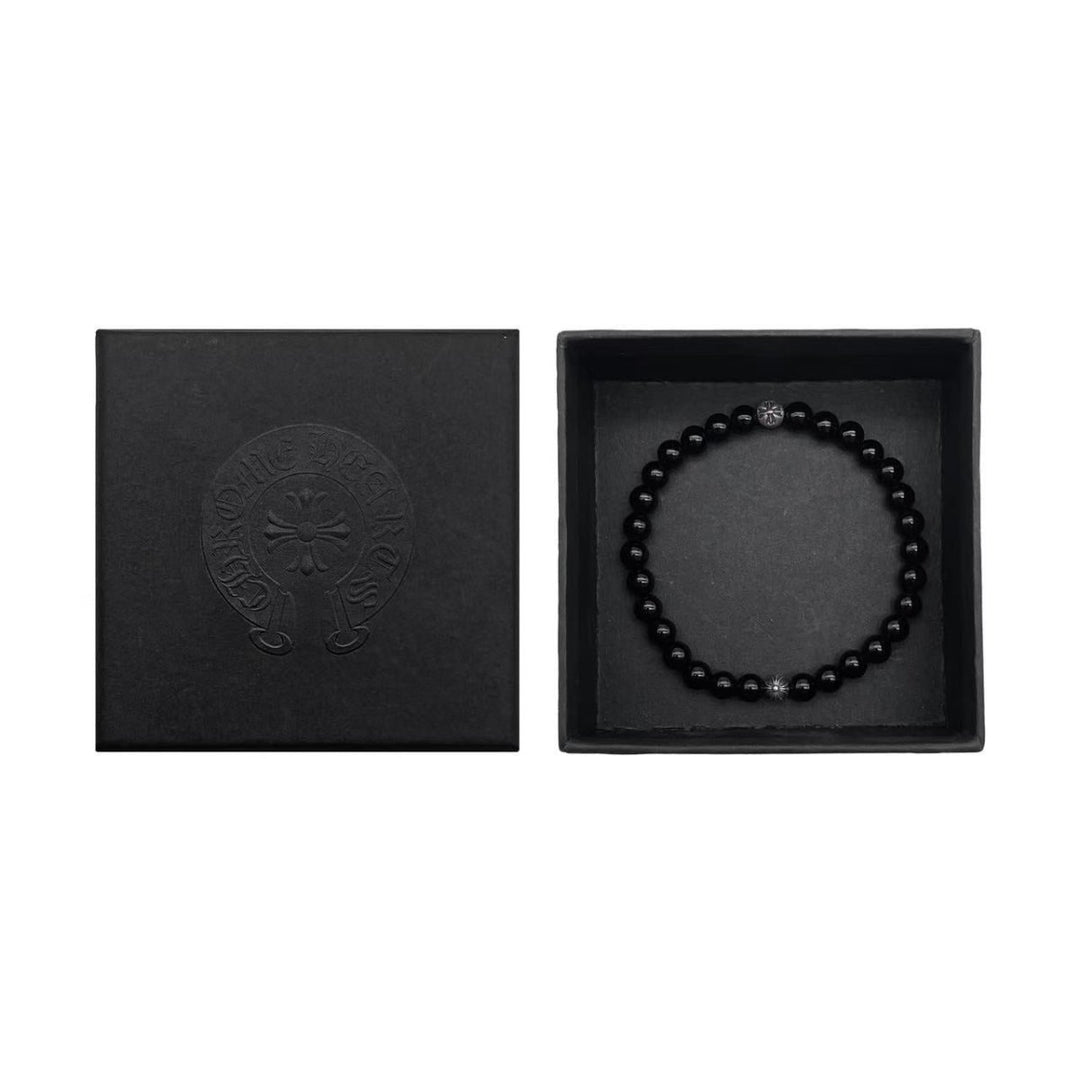Chrome Hearts 6mm Obsidian Silver Cross Ball Beaded Bracelet - SHENGLI ROAD MARKET