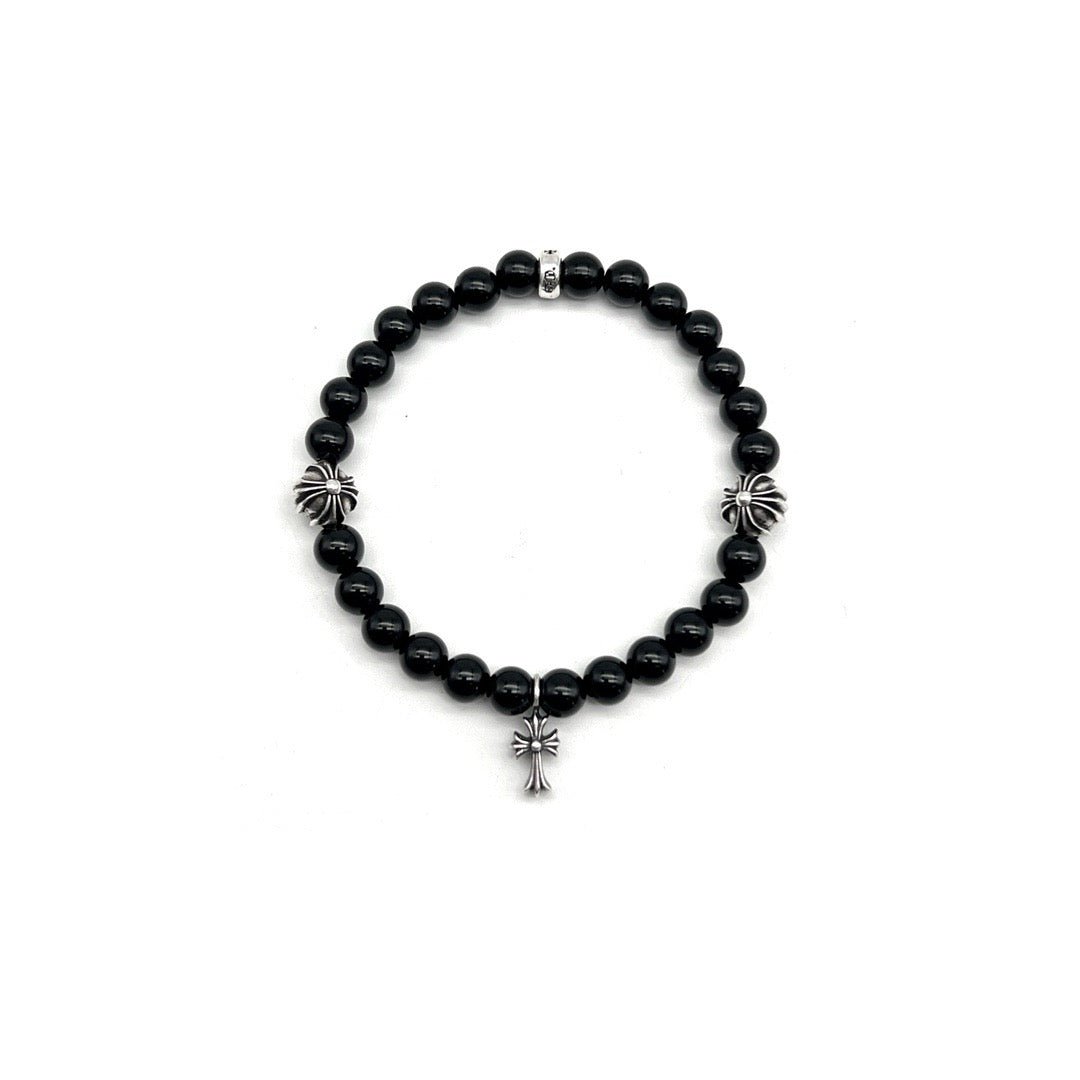Chrome Hearts 6mm Obsidian Silver Cross Beaded Bracelet - SHENGLI ROAD MARKET