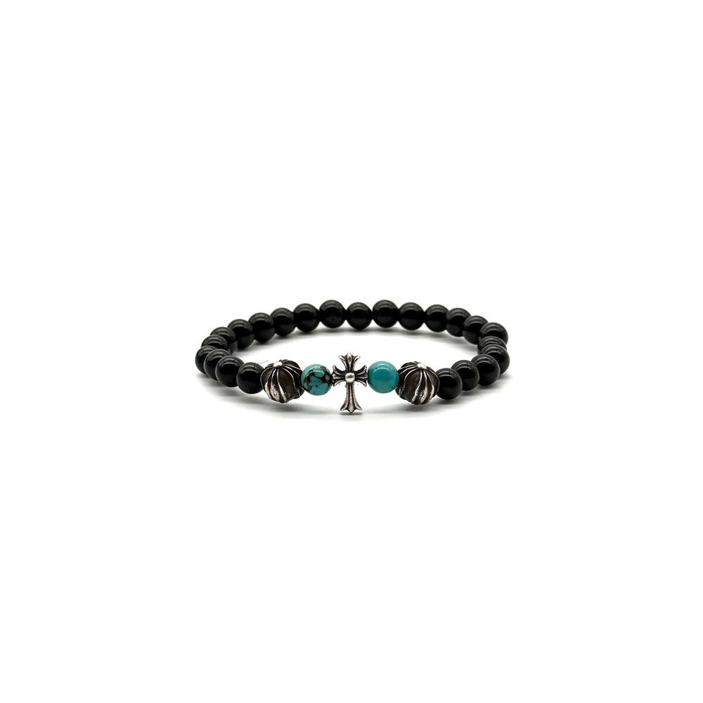 Chrome Hearts 6mm Obsidian Silver Cross Beaded Bracelet - SHENGLI ROAD MARKET