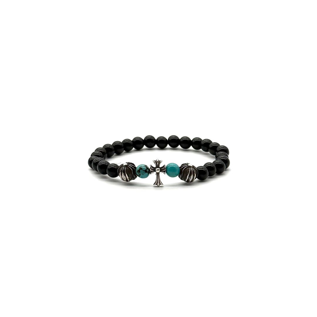 Chrome Hearts 6mm Obsidian Silver Cross Beaded Bracelet - SHENGLI ROAD MARKET