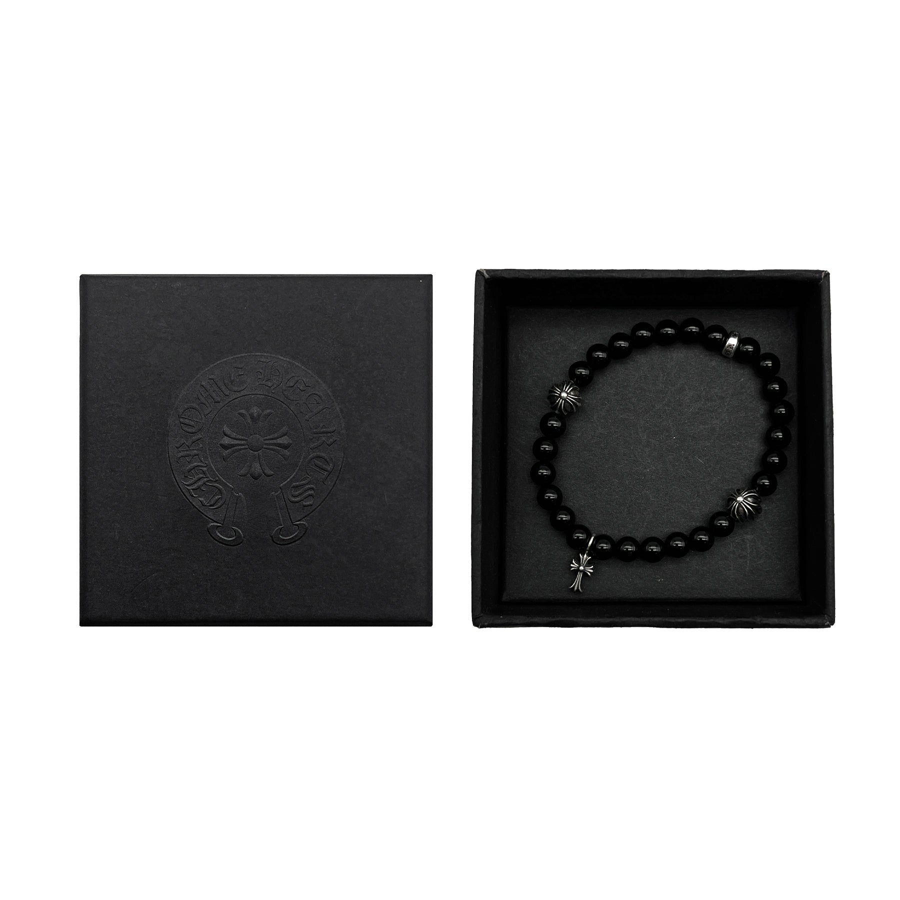 Chrome Hearts 6mm Obsidian Silver Cross Beaded Bracelet - SRM