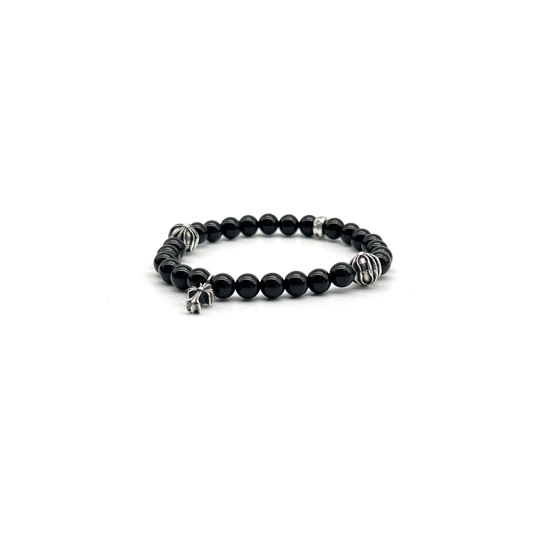 Chrome Hearts 6mm Obsidian Silver Cross Beaded Bracelet - SHENGLI ROAD MARKET