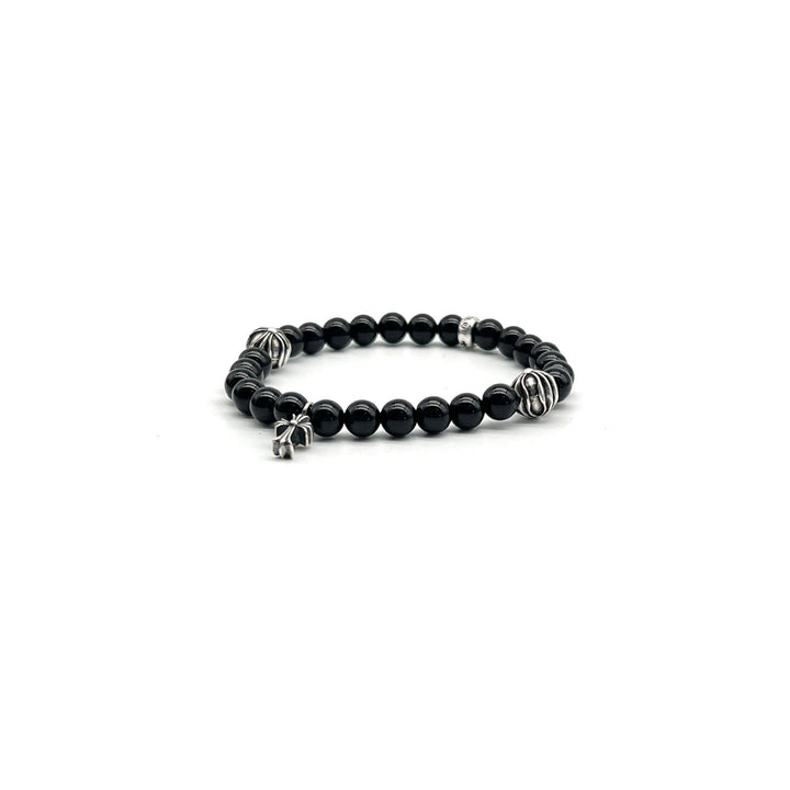 Chrome Hearts 6mm Obsidian Silver Cross Beaded Bracelet - SHENGLI ROAD MARKET