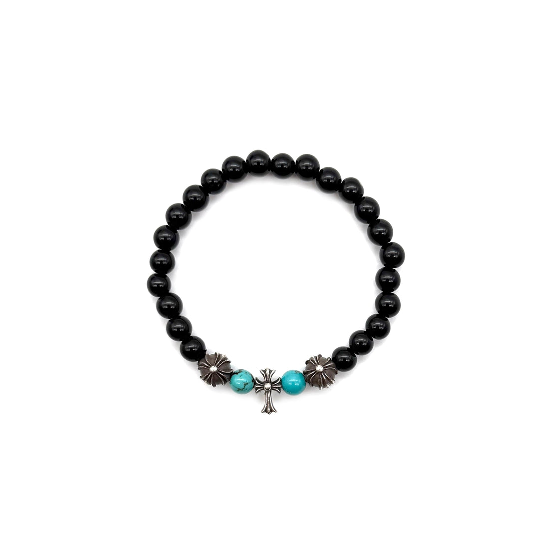 Chrome Hearts 6mm Obsidian Silver Cross Beaded Bracelet - SHENGLI ROAD MARKET