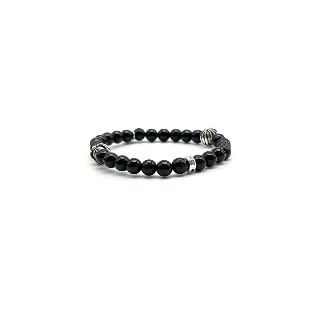 Chrome Hearts 6mm Obsidian Silver Cross Beaded Bracelet - SHENGLI ROAD MARKET