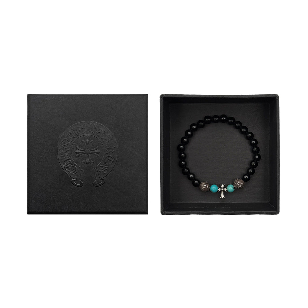 Chrome Hearts 6mm Obsidian Silver Cross Beaded Bracelet - SHENGLI ROAD MARKET