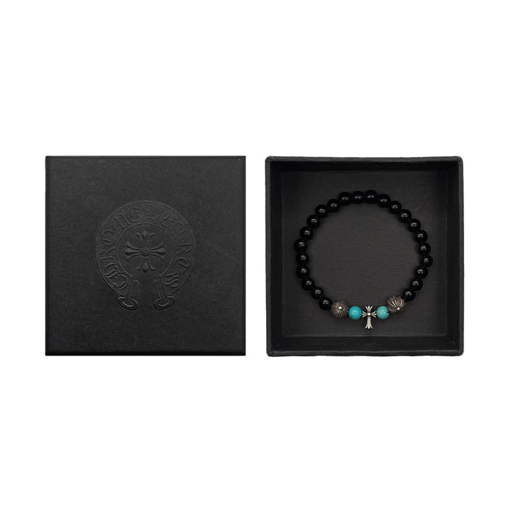 Chrome Hearts 6mm Obsidian Silver Cross Beaded Bracelet - SHENGLI ROAD MARKET