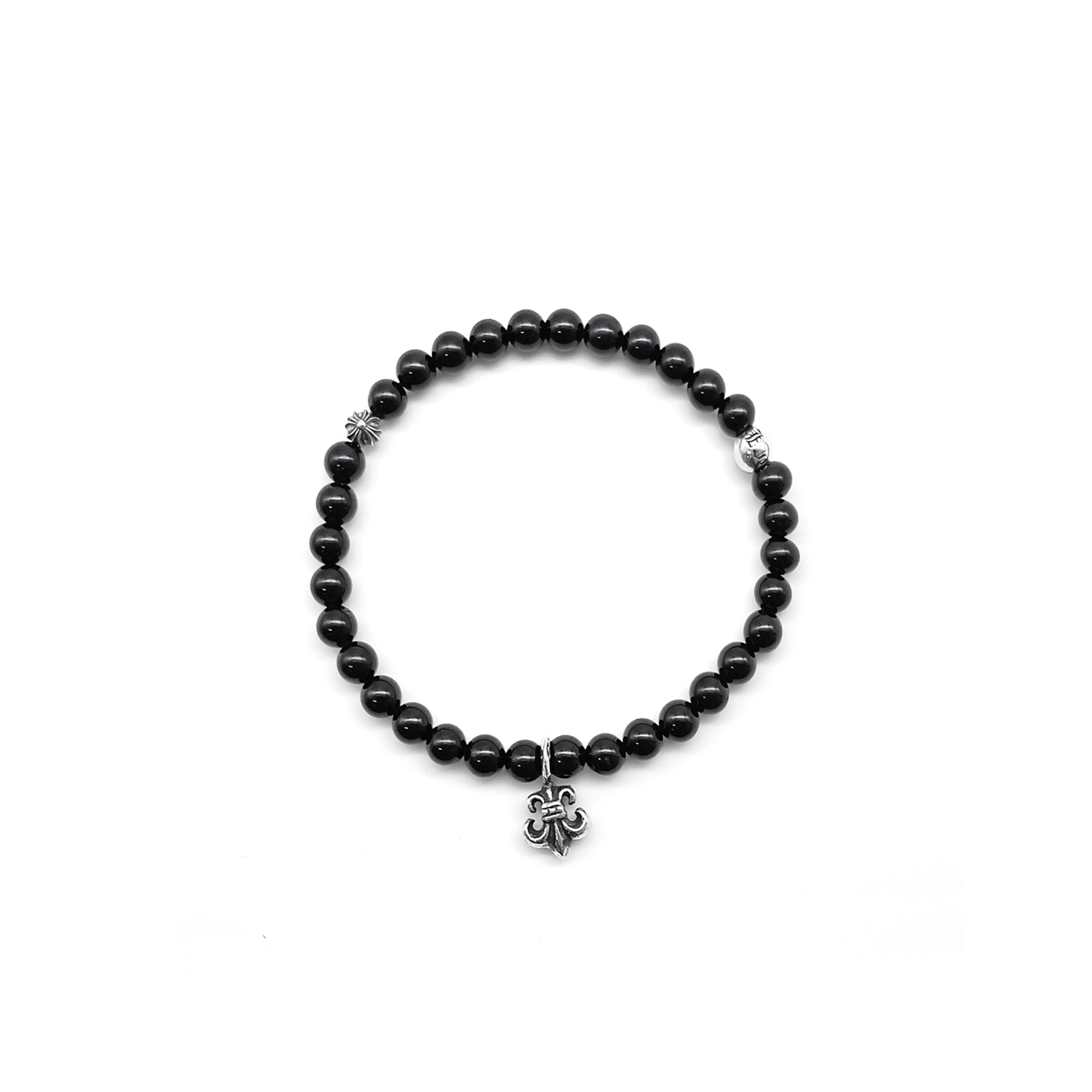 Chrome Hearts 6mm Obsidian Silver Fleur Pendant Beaded Bracelet