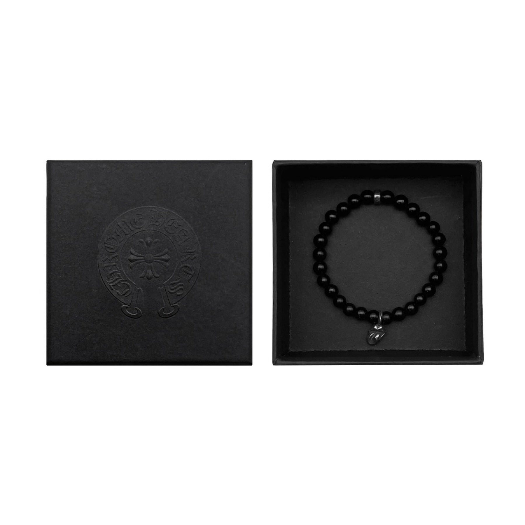 Chrome Hearts 6mm Obsidian Silver Tongue Beaded Bracelet - SRM