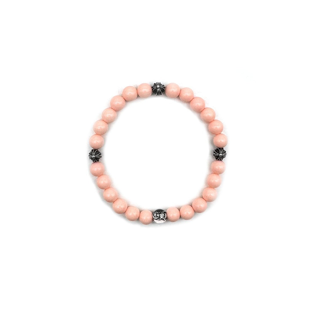 Chrome Hearts 6mm Pink Beaded Sillver Cross Ball Bracelet - SHENGLI ROAD MARKET