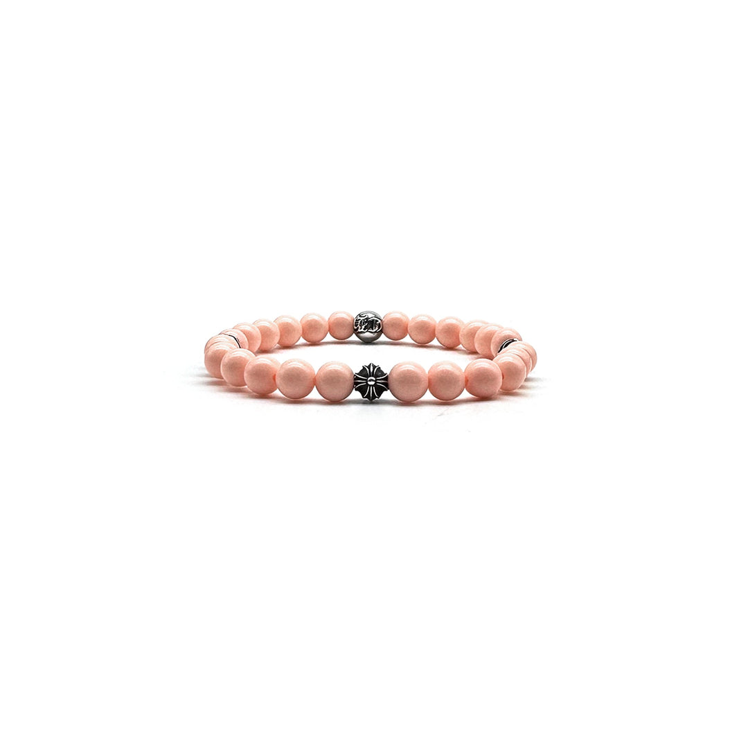 Chrome Hearts 6mm Pink Beaded Silver Cross Ball Bracelet - SHENGLI ROAD MARKET