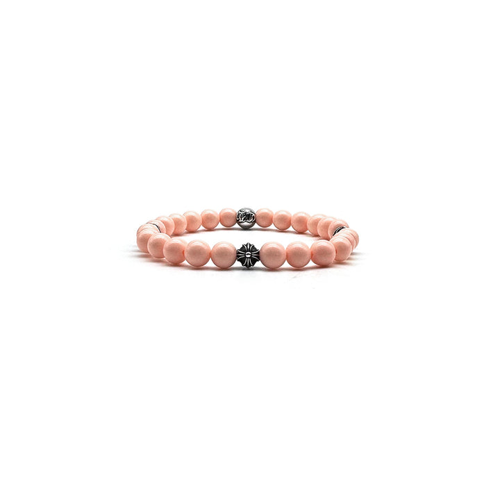 Chrome Hearts 6mm Pink Beaded Silver Cross Ball Bracelet - SHENGLI ROAD MARKET