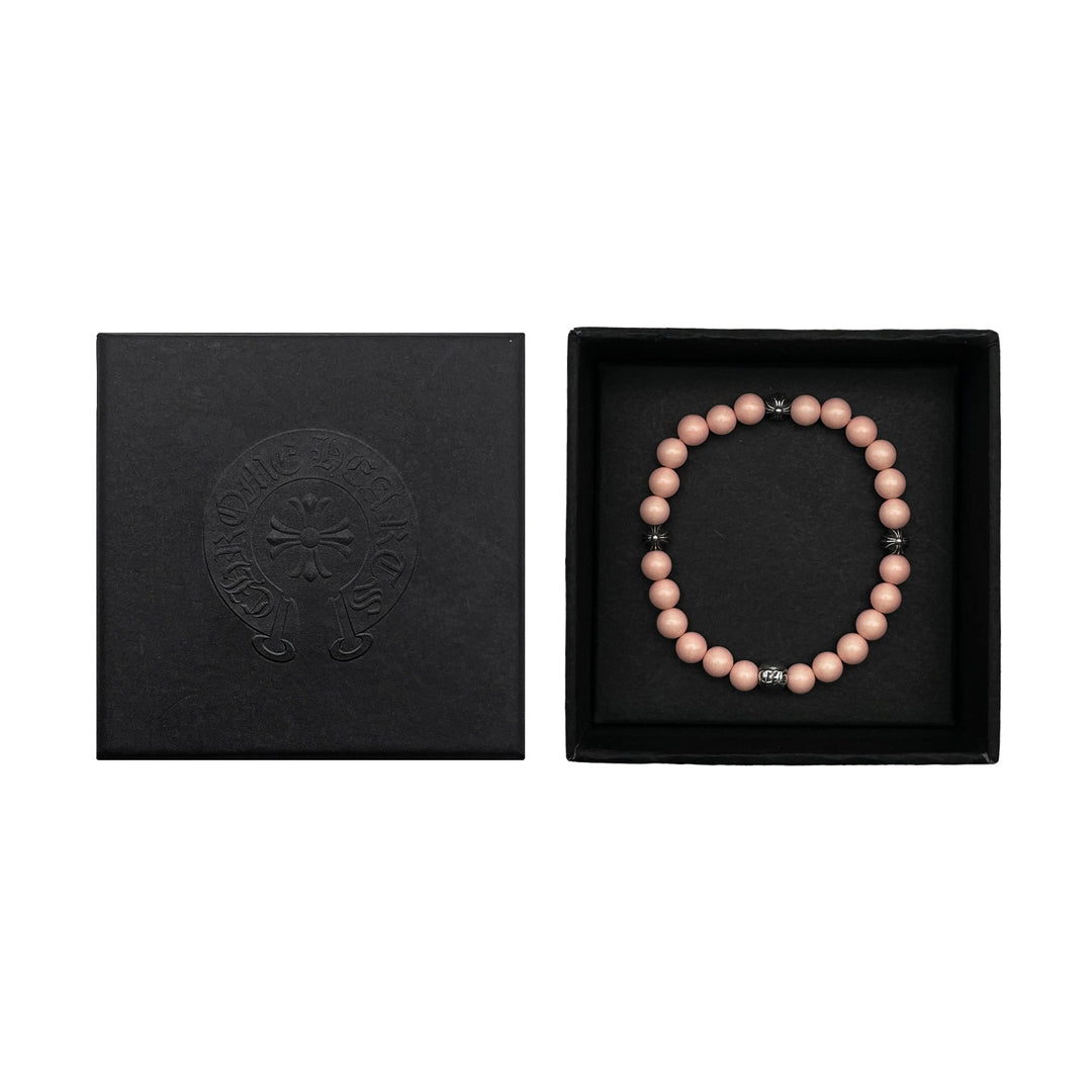 Chrome Hearts 6mm Pink Beaded Silver Cross Ball Bracelet - SHENGLI ROAD MARKET