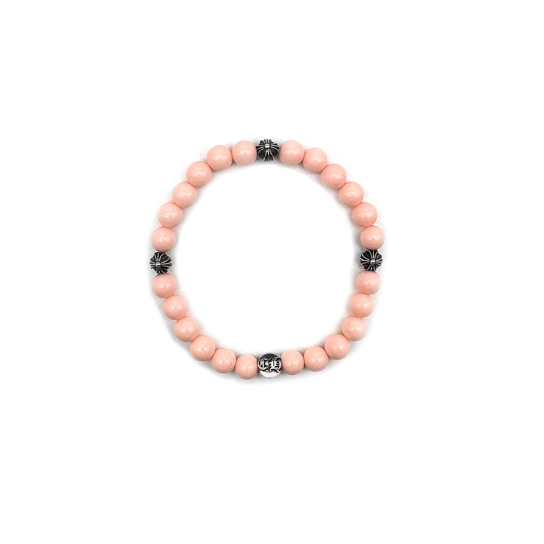 Chrome Hearts 6mm Pink Beaded Silver Cross Ball Bracelet - SHENGLI ROAD MARKET