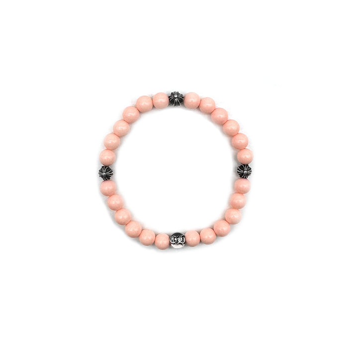 Chrome Hearts 6mm Pink Beaded Silver Cross Ball Bracelet - SHENGLI ROAD MARKET