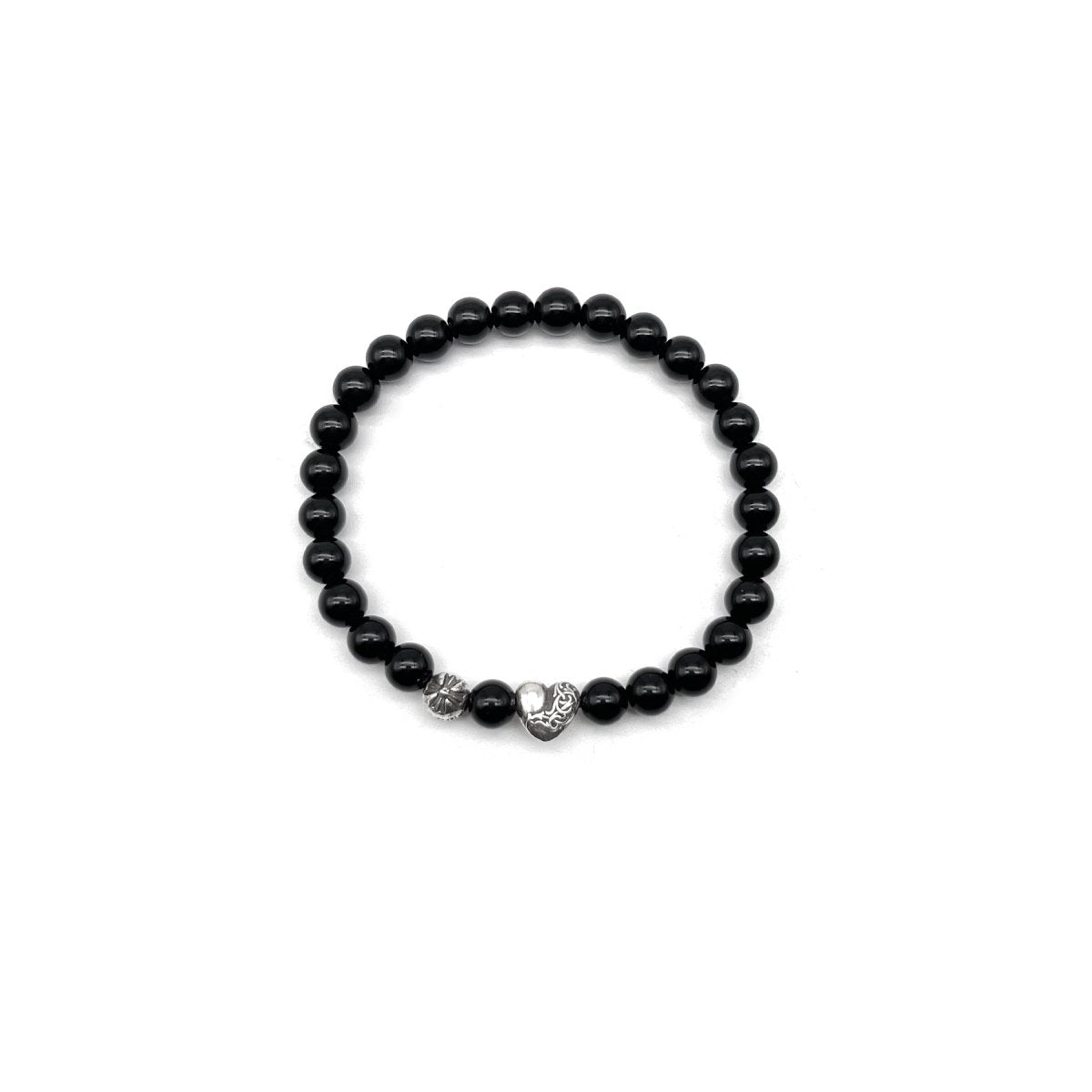 Chrome Hearts 6mm Silver Vine Heart Cross Black Bracelet - SHENGLI ROAD MARKET