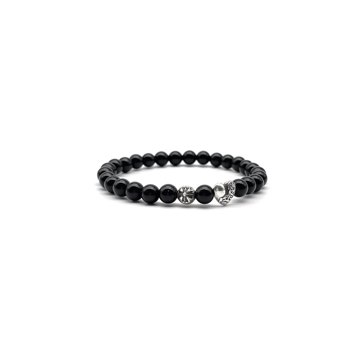 Chrome Hearts 6mm Silver Vine Heart Cross Black Bracelet - SHENGLI ROAD MARKET