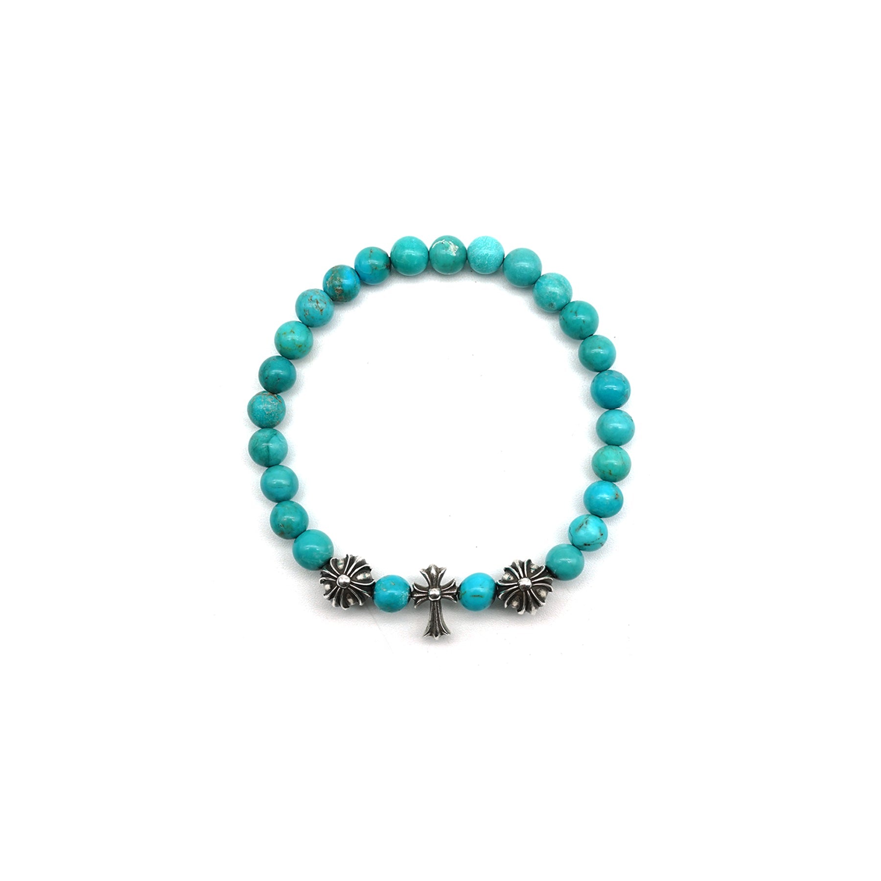 Chrome Hearts 6mm Turquoise 3 Silver Beaded Cross Bracelet
