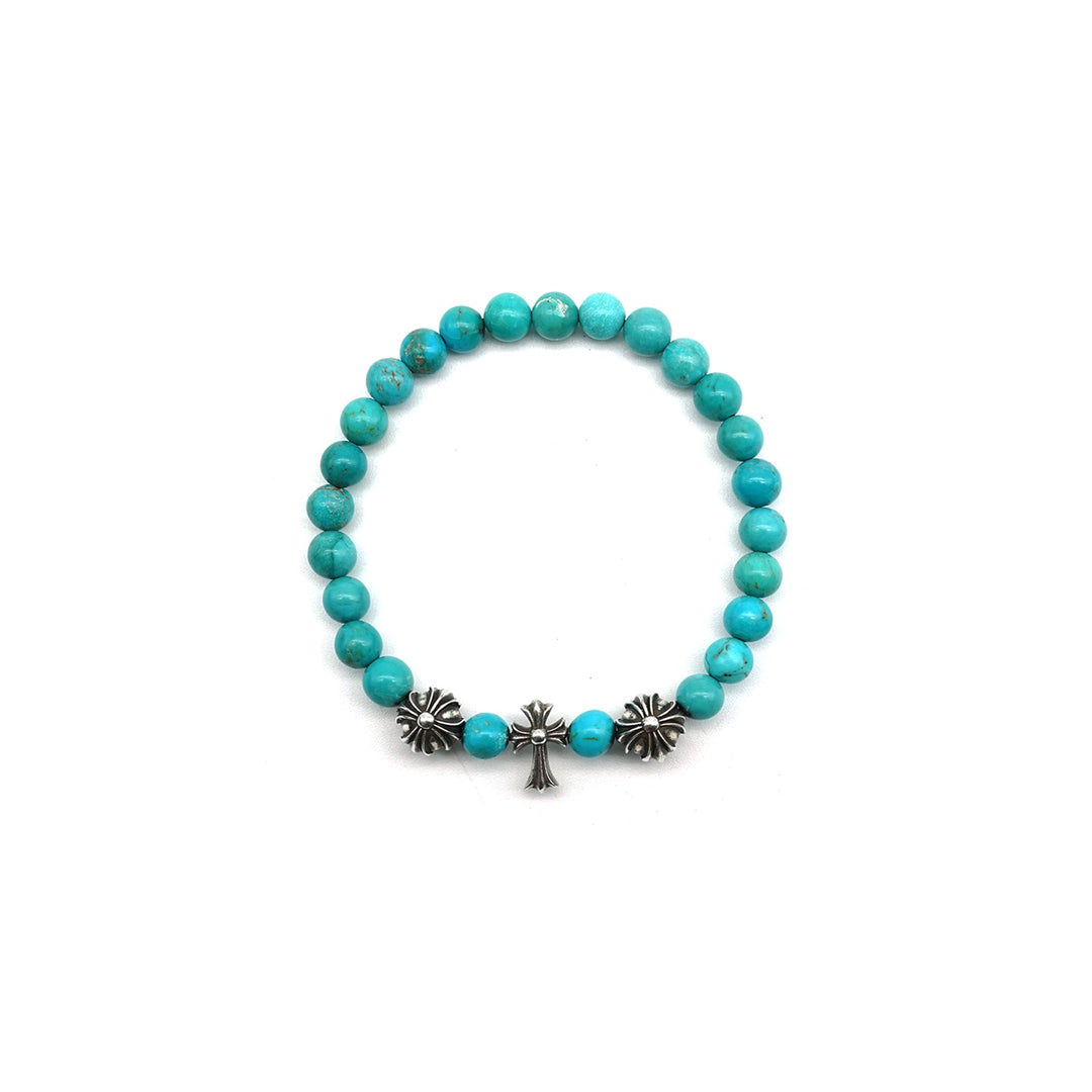 Chrome Hearts 6mm Turquoise 3 Silver Beaded Cross Bracelet - SHENGLI ROAD MARKET