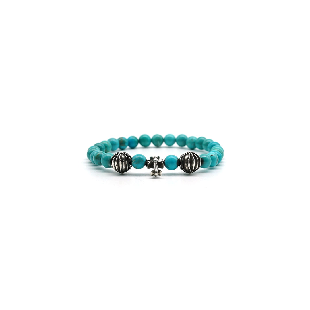 Chrome Hearts 6mm Turquoise 3 Silver Beaded Cross Bracelet - SHENGLI ROAD MARKET