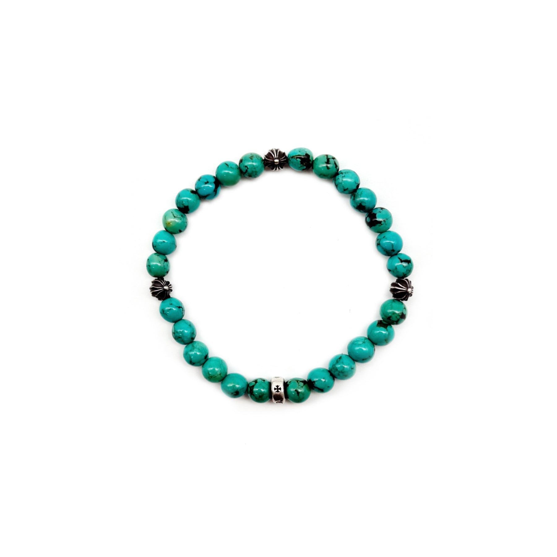 Chrome Hearts 6mm Turquoise Silver Cross Ball Beaded Bracelet