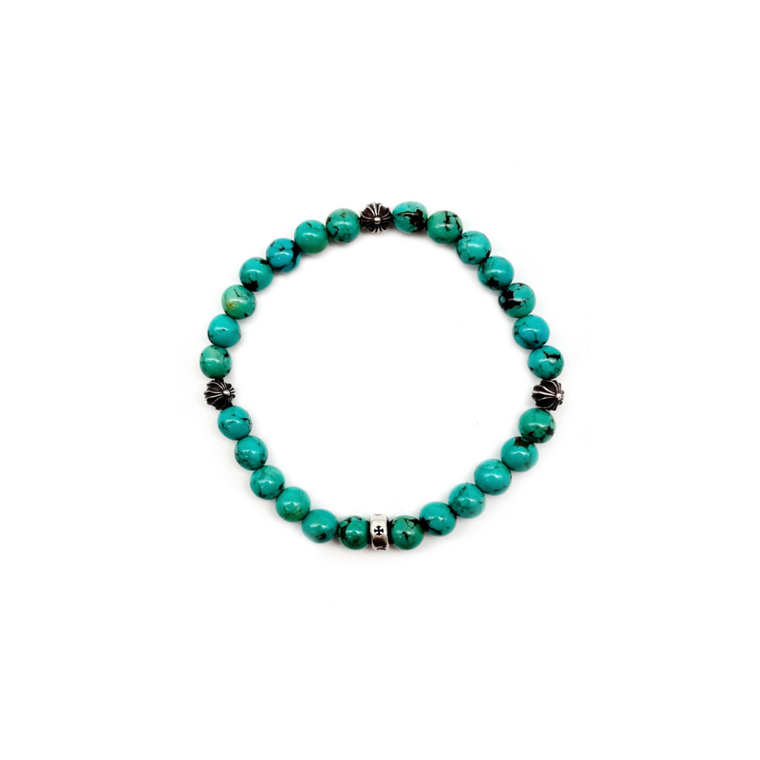 Chrome Hearts 6mm Turquoise Silver Cross Ball Beaded Bracelet - SHENGLI ROAD MARKET