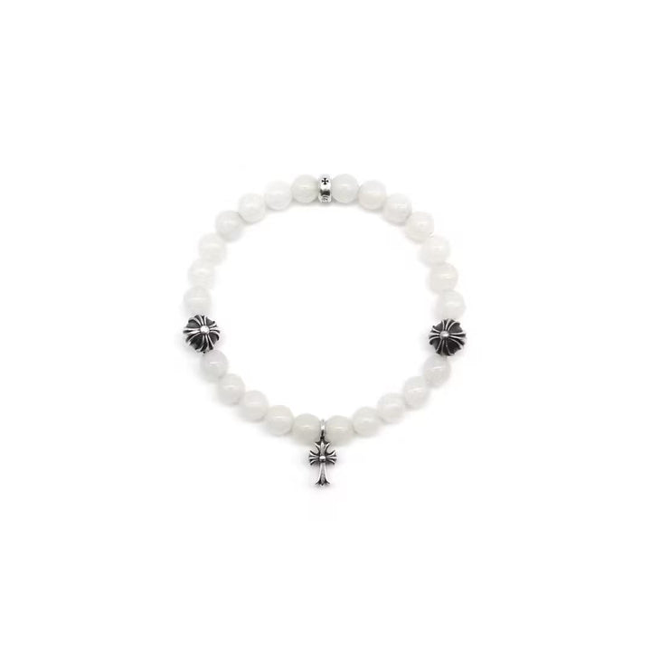 Chrome Hearts 6mm White 4 Silver Beaded Cross Bracelet - SHENGLI ROAD MARKET