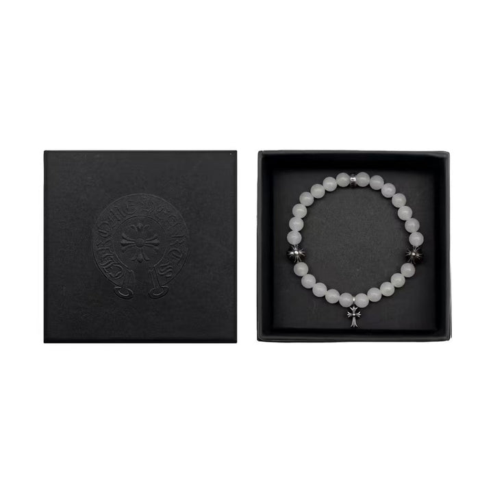 Chrome Hearts 6mm White 4 Silver Beaded Cross Bracelet - SHENGLI ROAD MARKET