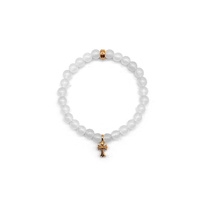 Chrome Hearts 6mm White Agate 22K Gold Cross Charm Beaded Bracelet - SHENGLI ROAD MARKET