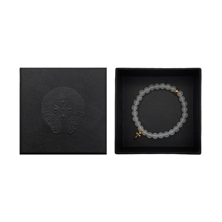 Chrome Hearts 6mm White Agate 22K Gold Cross Charm Beaded Bracelet - SHENGLI ROAD MARKET